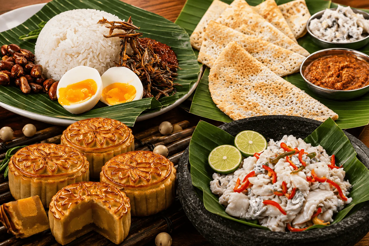 Malaysian Food Traditional Malaysian food spread including Nasi Lemak and mooncakes