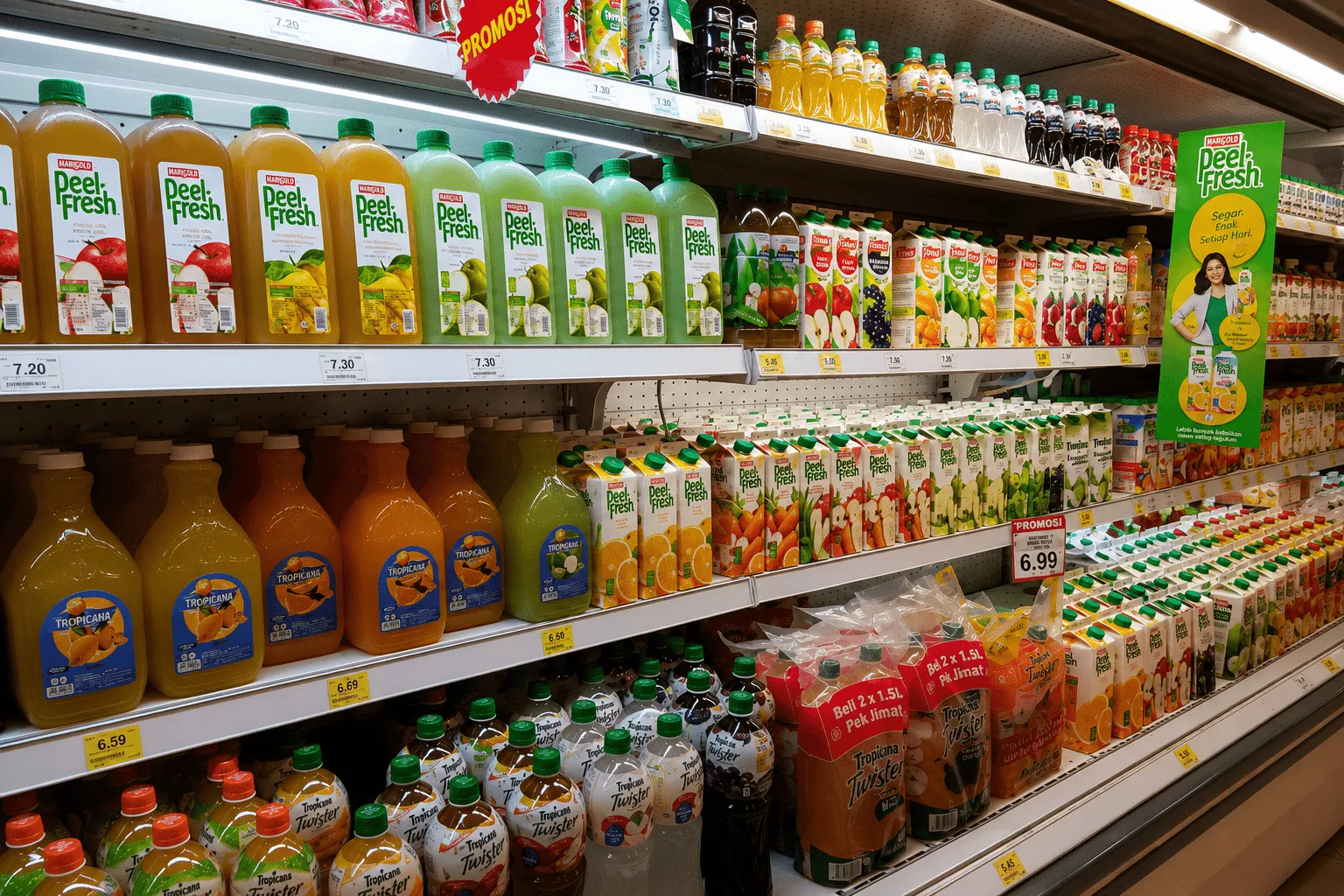 Pasarraya upermarket shelves stocked with tropical fruit juices and beverages