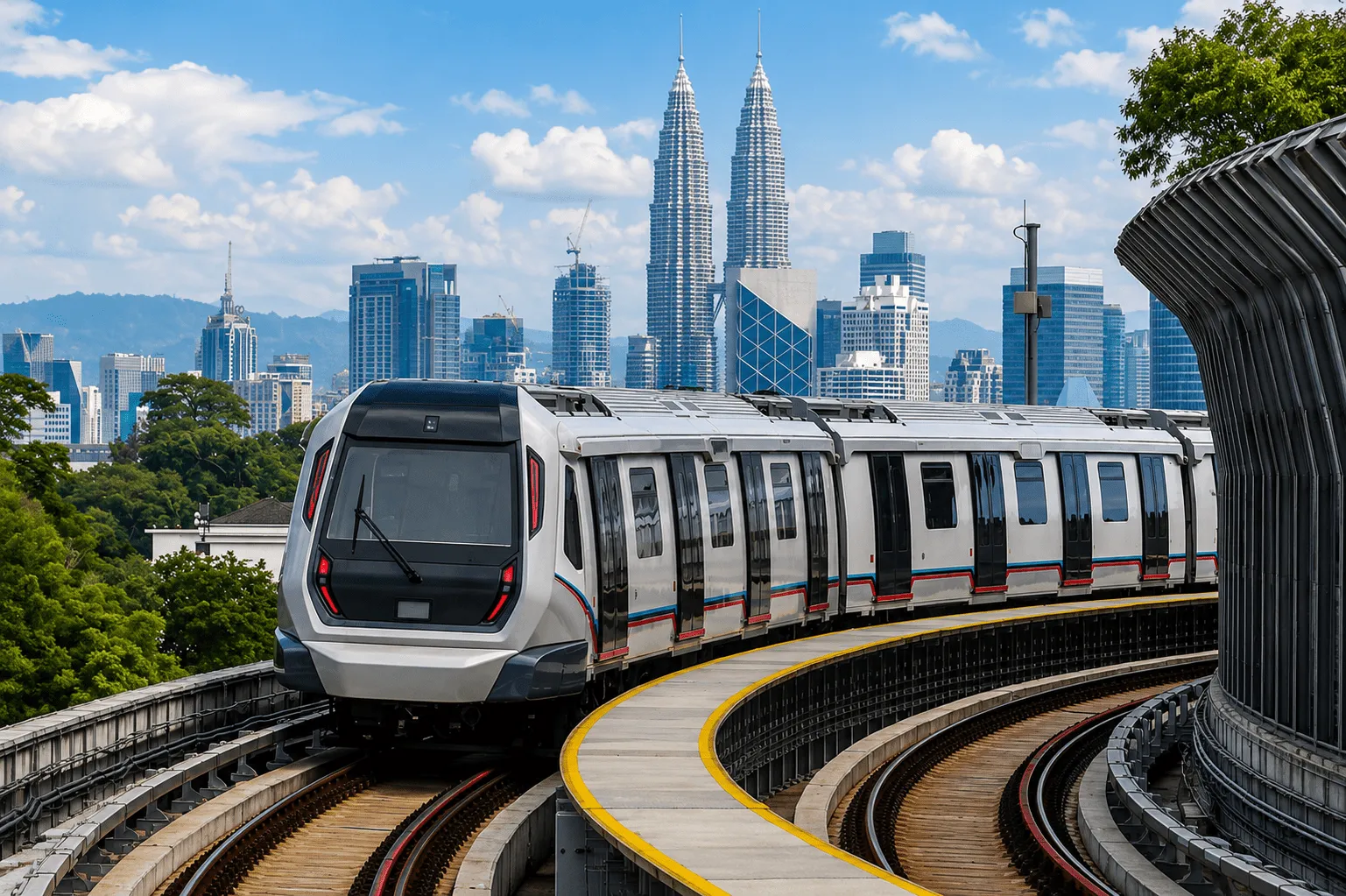 Public Transport Modern MRT train traveling on elevated tracks towards Kuala Lumpur skyline