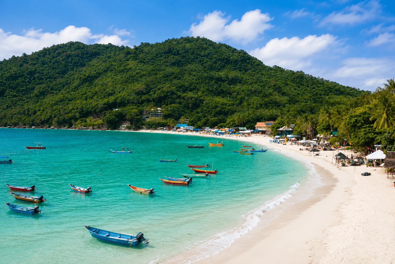 Pulau Perhentian Tropical Malaysian beach with clear turquoise water and boats